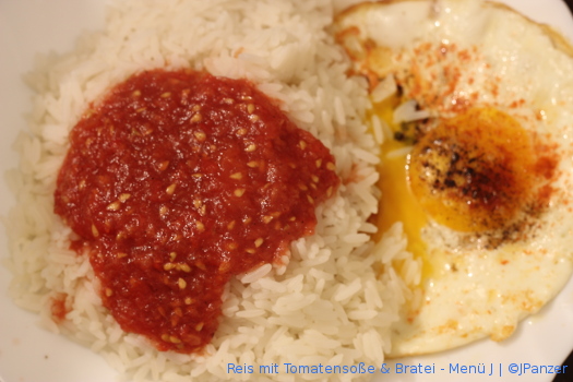 Reis mit Tomatensoße & Bratei – Menü