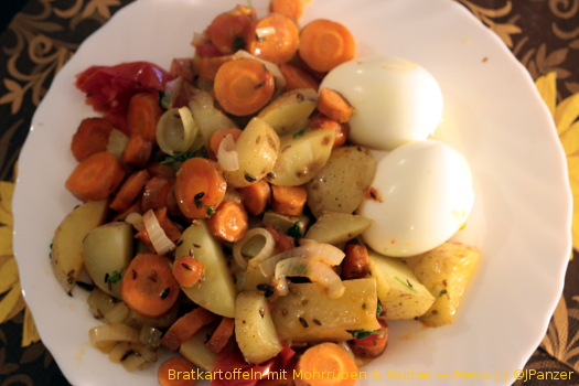 Bratkartoffel mit Mohrrüben & Kochei — Menü