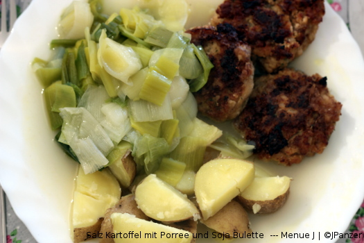 Salz Kartoffel mit Porree und Soja Bulette — Menü